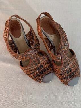 Frye Women's Ramsey Woven Wood Heel Slingback Peep Sandal Shoes Sz 6.5 EUC,